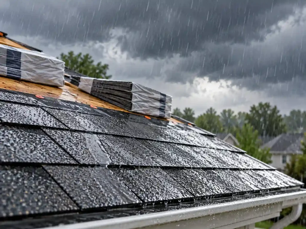 How Long Does a Roof Replacement Take? 4 NC roof replacement weather delay caused by heavy rain during roofing work