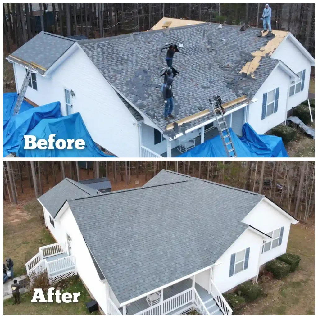 Before and after roof replacement showing proper roof flashing installation and new asphalt shingles