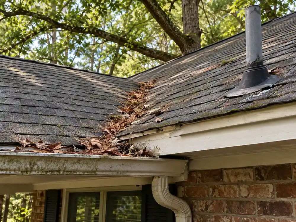 Roof repair in Franklinton, NC for an older shingle roof with leaf buildup, gutter issues, and mature tree cover