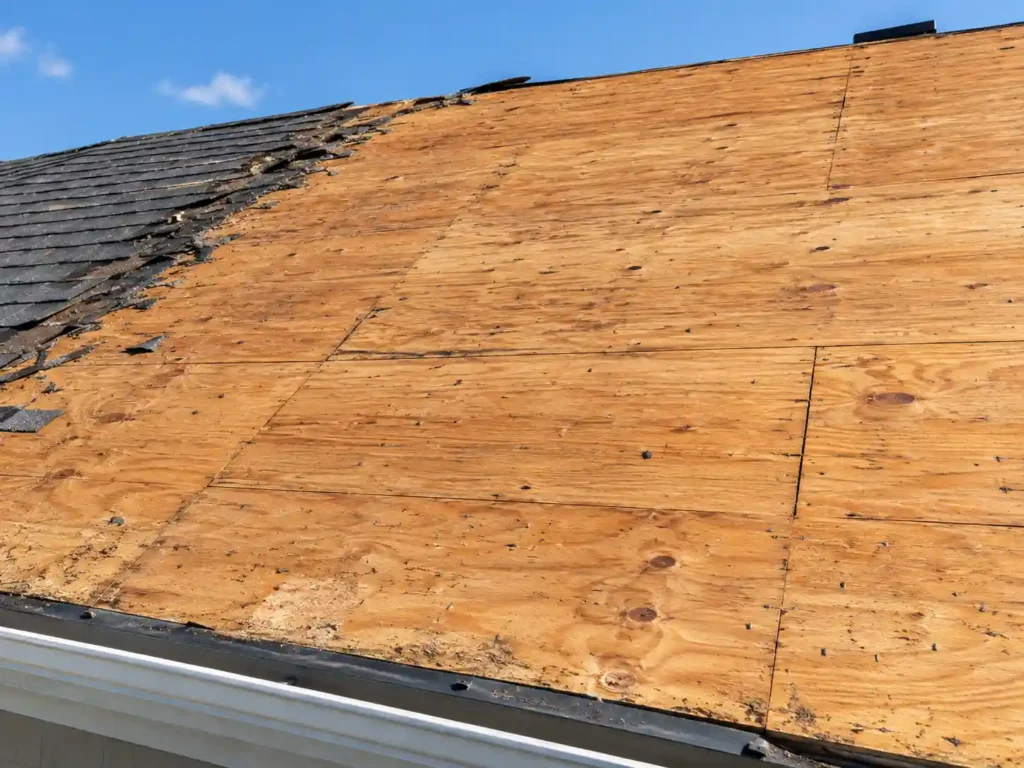 How Long Does a Roof Replacement Take? 3 Roof replacement tear-off roof decking exposed after old shingles are removed