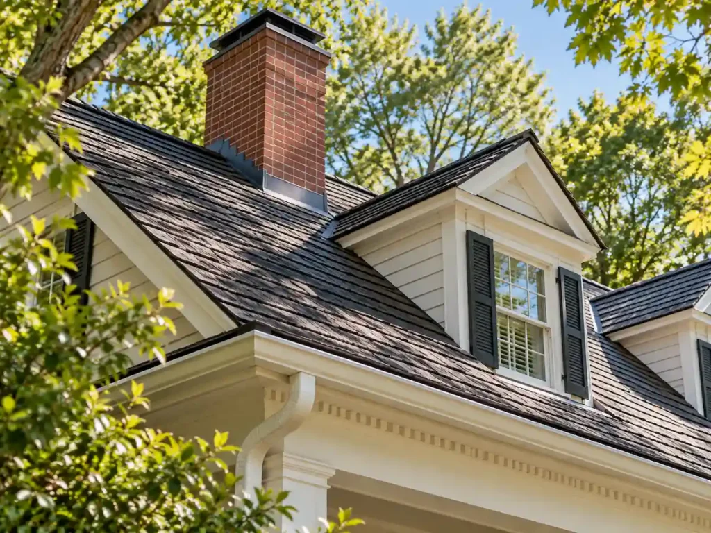 Historic roof repair in Wake Forest with chimney flashing, shingles, and mature trees